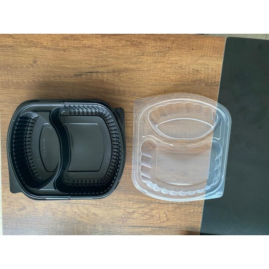 TWO COMPARTMENT MICROWAVE FOOD SERVING CONTAINER 