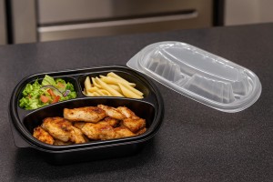THREE COMPARTMENT MICROWAVE FOOD SERVING CONTAINER 